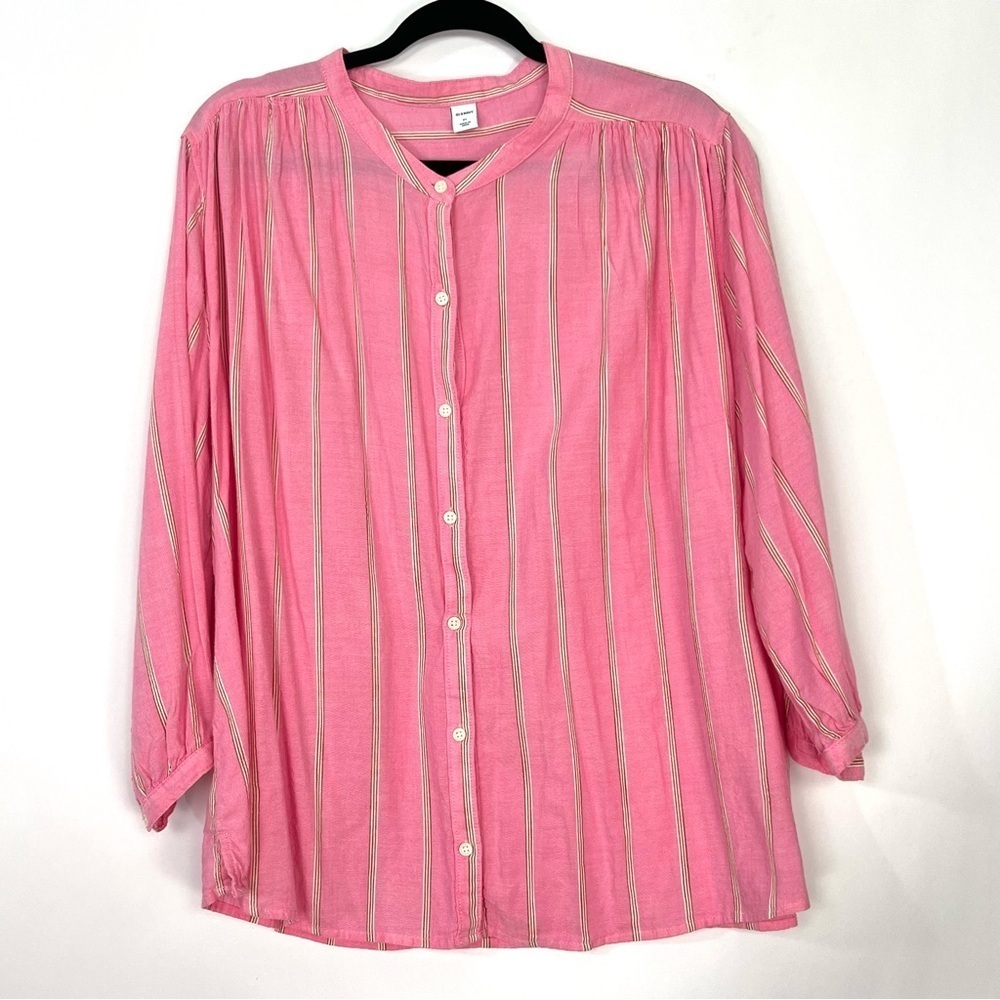 Women’s Old Navy Pink Striped Swing Button Up Top 3/4 Sleeves Lightweight Sz XL